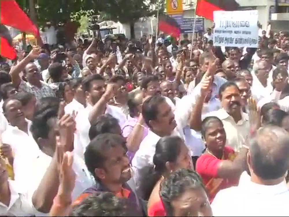 DMK workers protest in Saidapet against BJP leader H Raja's comments on Periyar, ANI Photo
