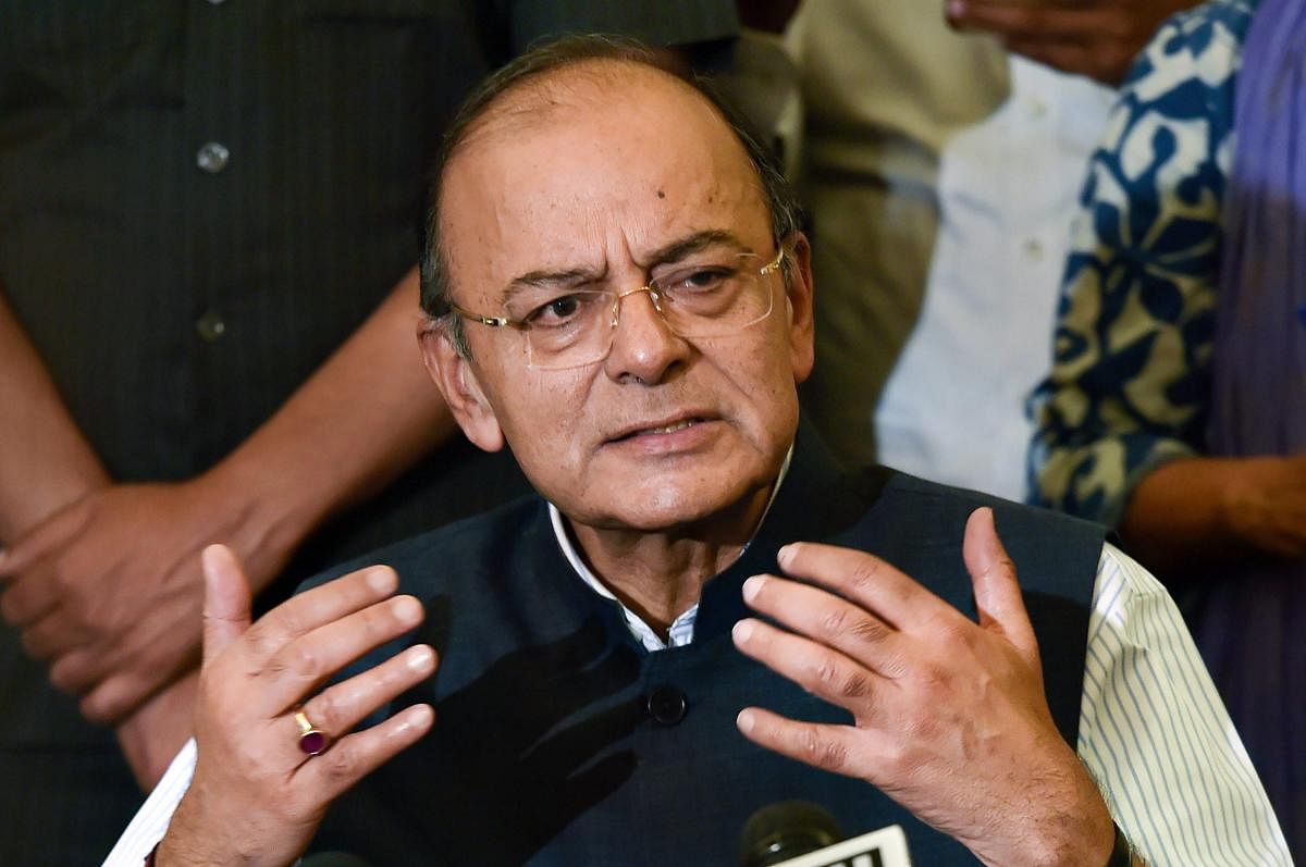 Finance Minister Arun Jaitley addresses a press conference at North Block in New Delhi on Wednesday. PTI