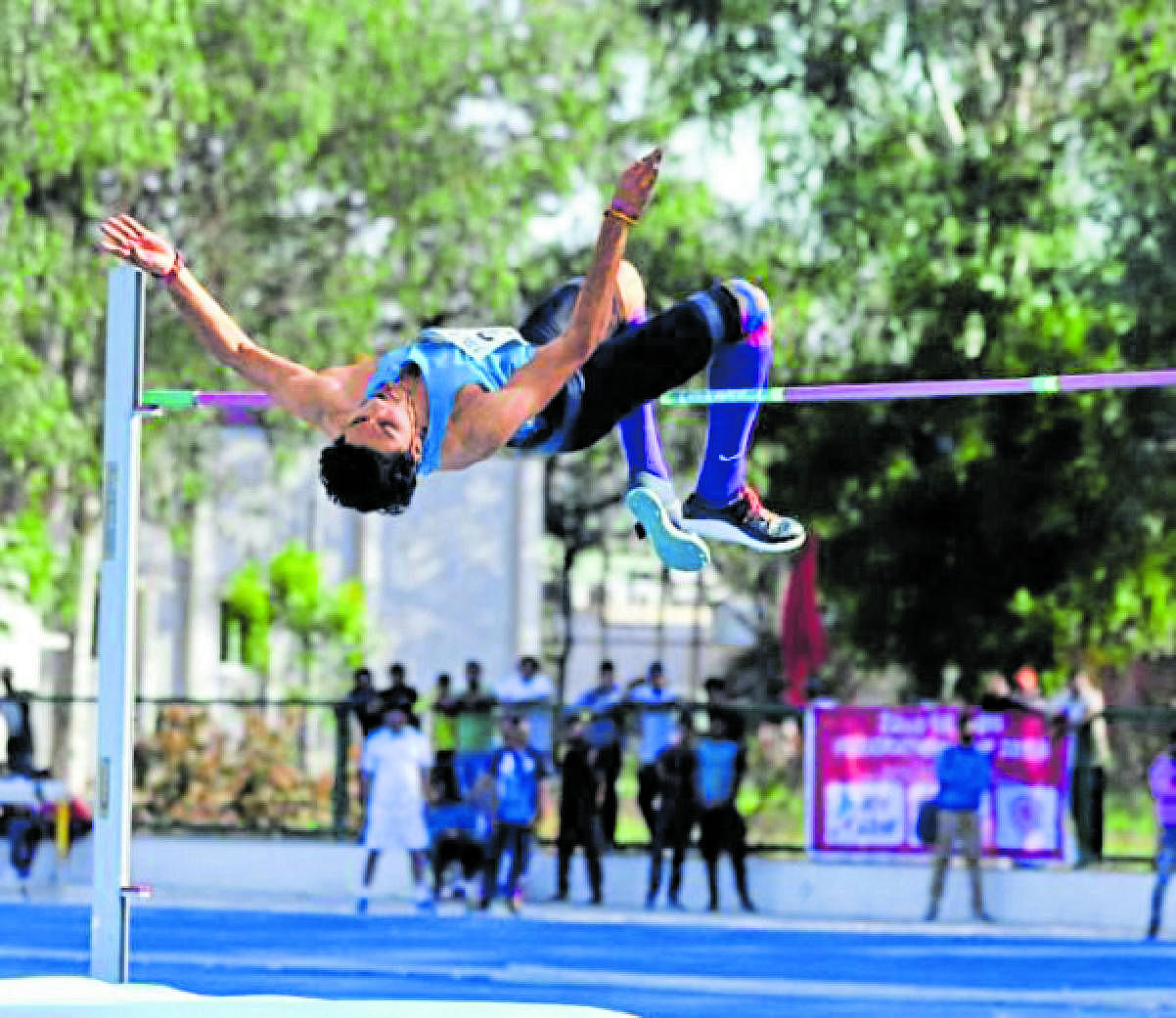 UP AND OVER: Tejaswin Shankar wins the high jump gold on the third day of the Federation Cup in Patiala on Wednesday.