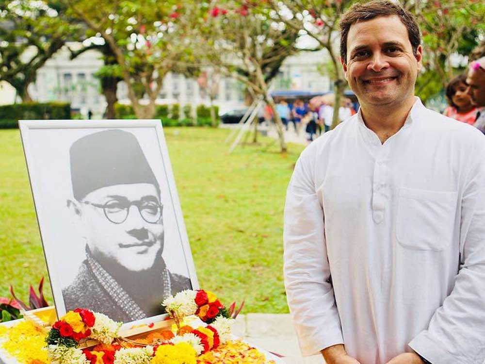 Congress president Rahul Gandhi on Thursday visited the iconic INA memorial in Singapore and paid homage to Netaji Subhas Chandra Bose. Image courtesy: @INCIndia