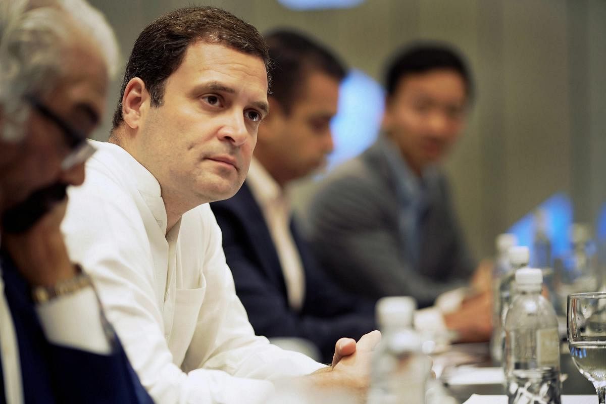 : Congress President Rahul Gandhi during a meeting with Indian-origin CEOs of Singaporean companies, in Singapore on Thursday. PTI Photo