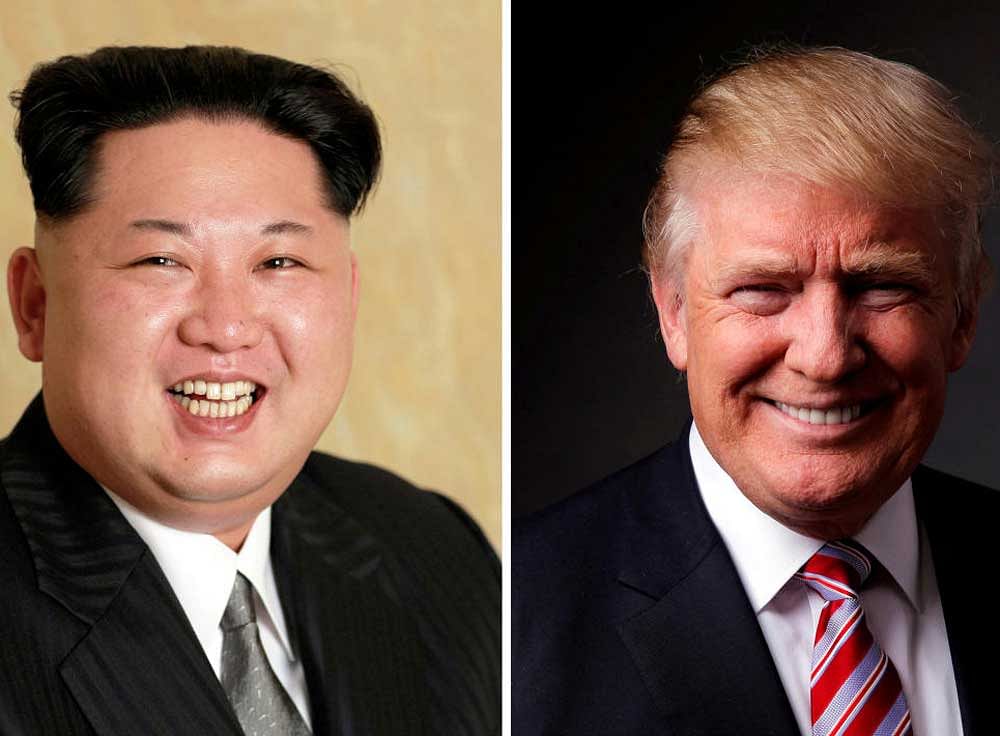A combination photo shows a Korean Central News Agency (KCNA) handout of Kim Jong Un released on May 10, 2016, and Donald Trump posing for a photo in New York City, U.S., May 17, 2016. REUTERS. Photo