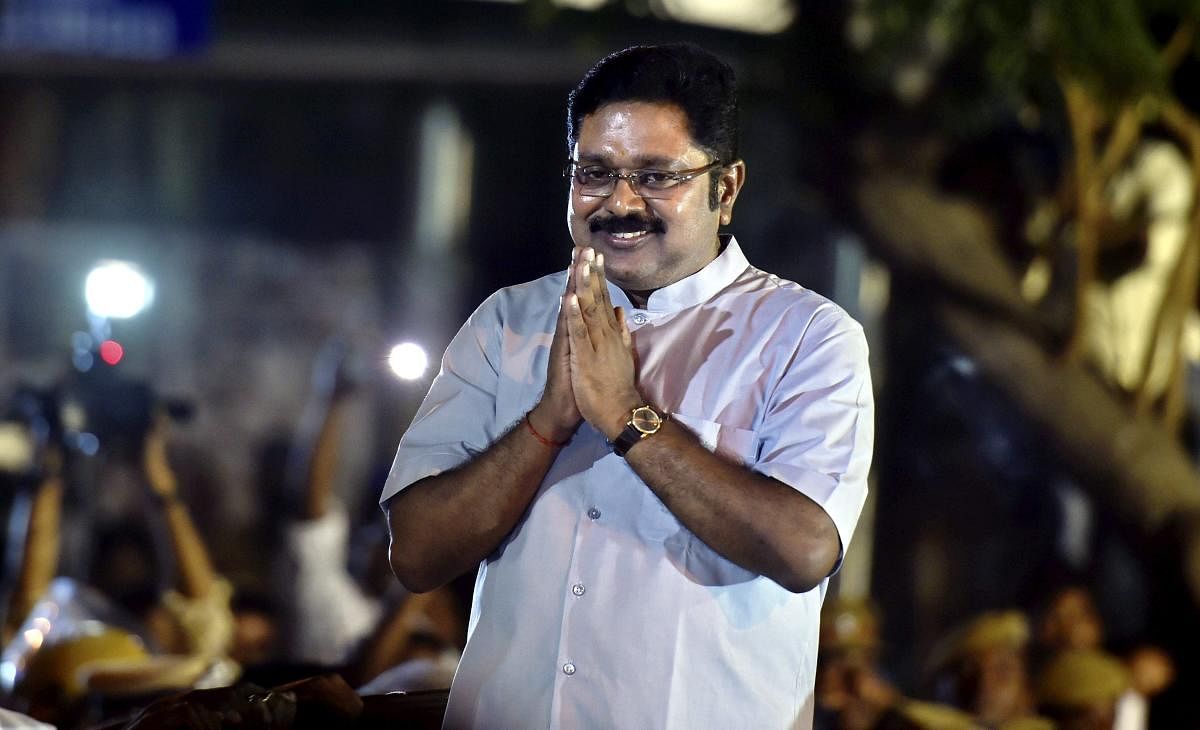 Sidelined AIADMK leader T T V Dhinakaran after winning the RK Nagar constituency bypoll, in Chennai on Sunday. PTI Photo