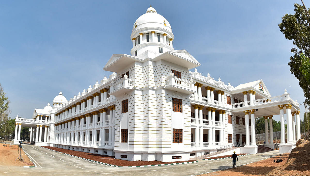 The new district office complex, modelled on Lalitha Mahal Palace, in Mysuru will be inaugurated by Chief Minister Siddaramaiah on Saturday. dh photo