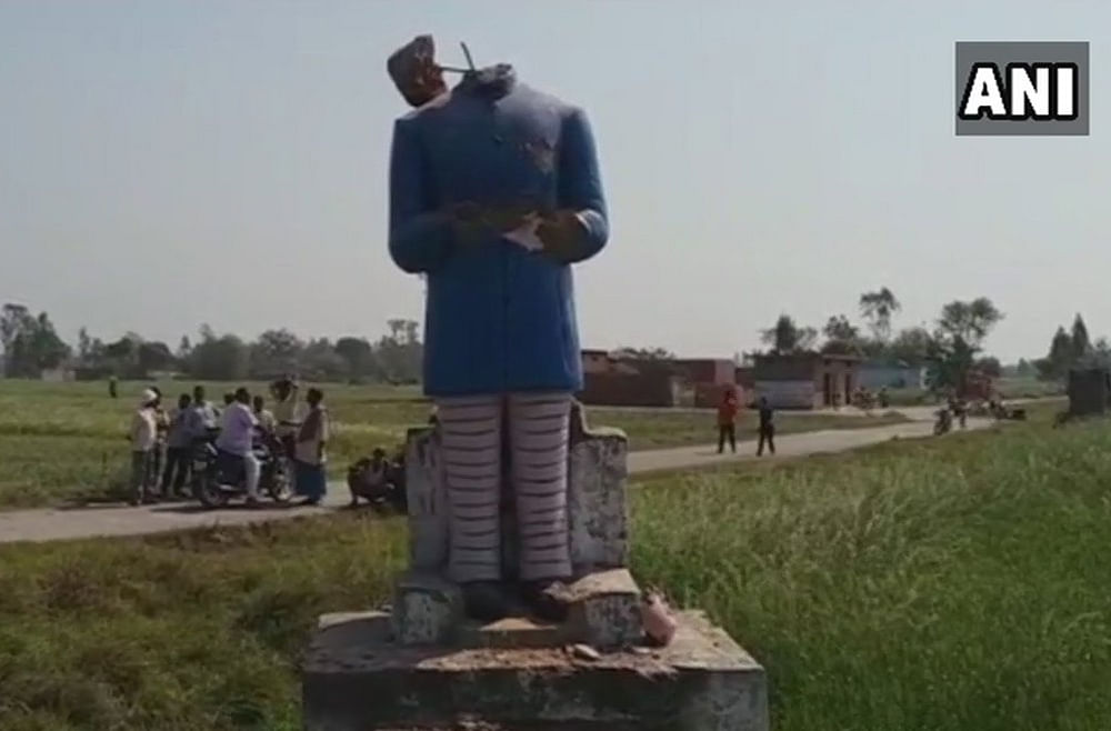 The statue of BR Ambedkar, with its head nearly completely destroyed. Twitter/ANI photo