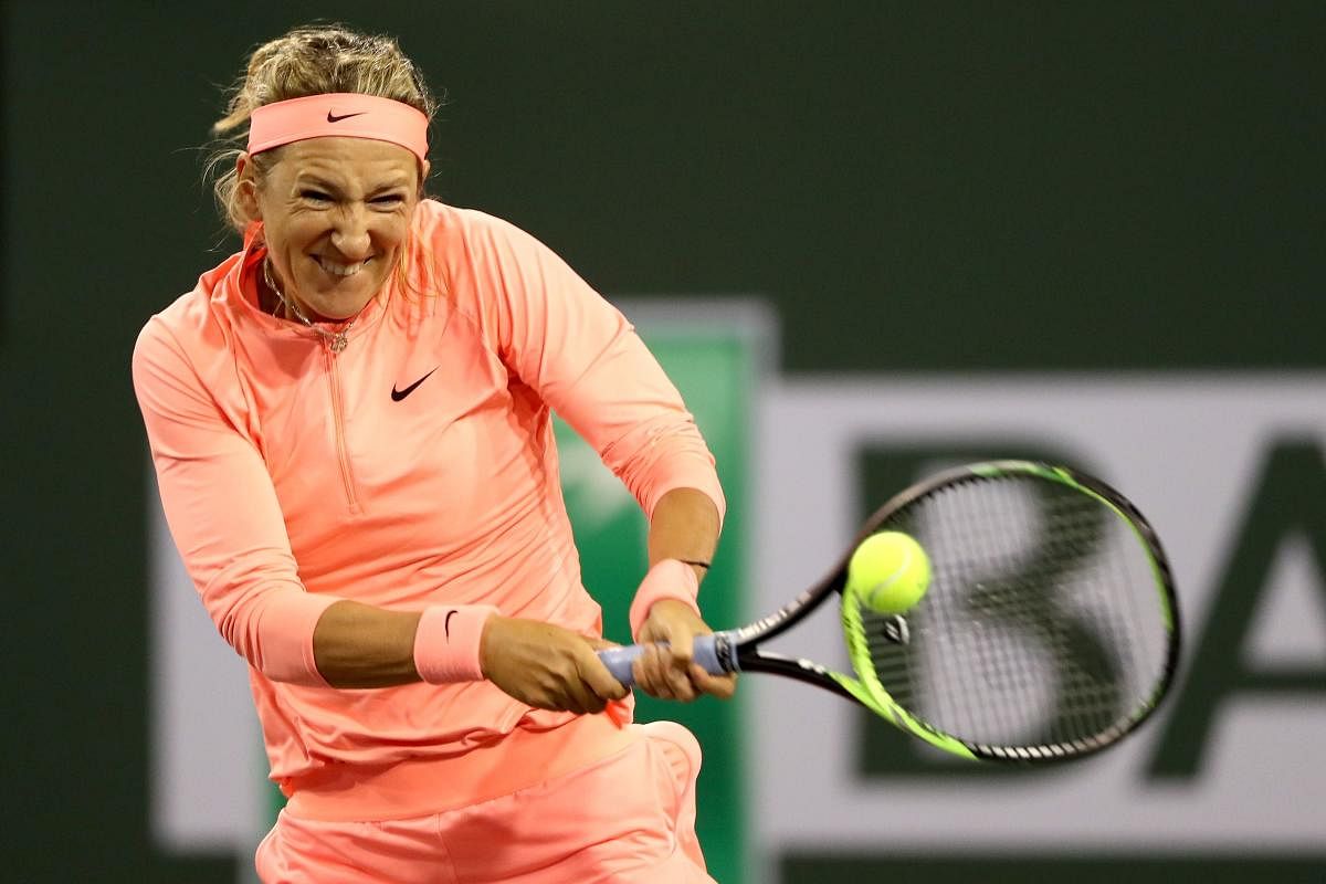 MOM WITH GOALS... Victoria Azarenka in action against Heather Watson at Indian Wells. The former No 1 has played in just two tournaments in the last 21 months.