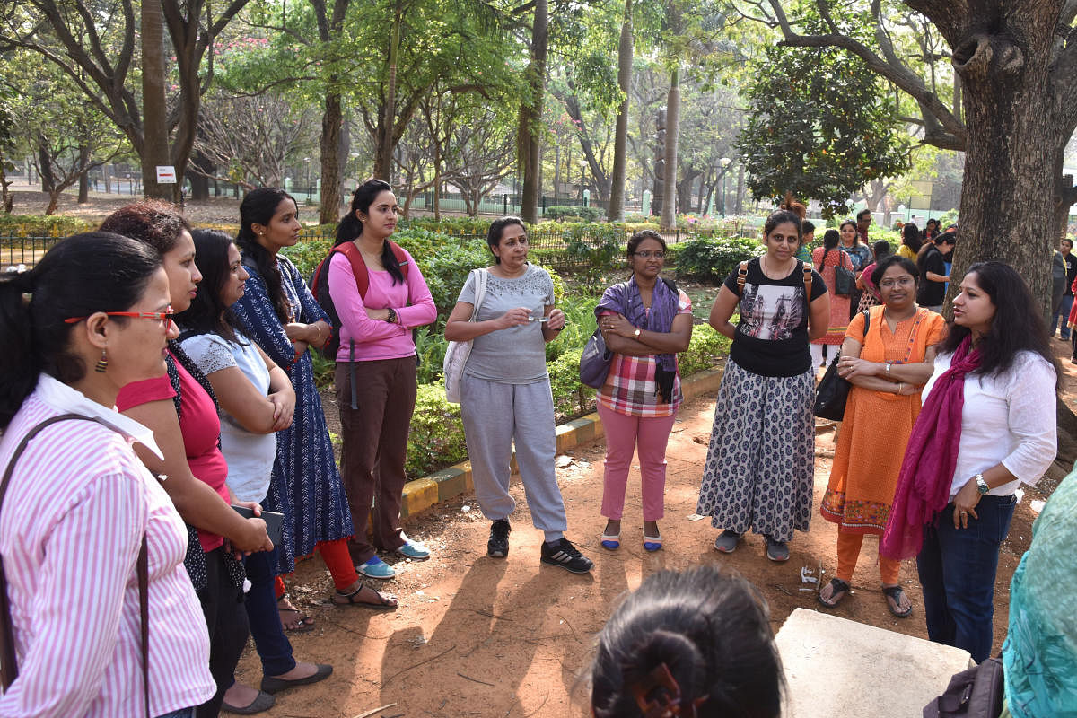 Women participated in Walk the Change, Global Mentoring walk as the part of International Women Day organised by WOW Foundation, World of Opportunities for Women in association with HER Second Innings at Sri Chamarajendra Park (Cubbon Park) in Bengaluru on Saturday. Photo by S K Dinesh
