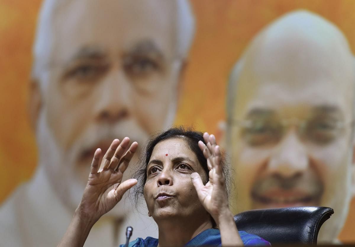 Defence minister Nirmala Sitharaman speaks during a press conference at BJP Headquarter in New Delhi, on Sunday. PTI Photo