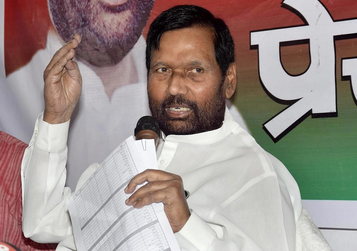 Union minister and LJP President Ram Vilas Paswan addressing a press conference at party office in Patna on Sunday. PTI Photo