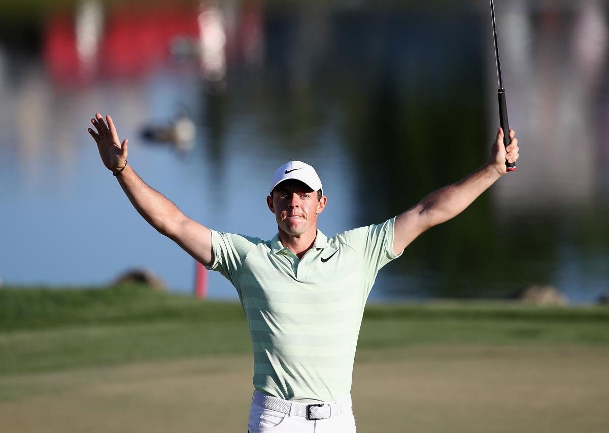 BACK ON SONG Rory McIlroy celebrates after making a birdie putt on the 18th green during the final round of the Arnold Palmer Invitational on Sunday. AFP