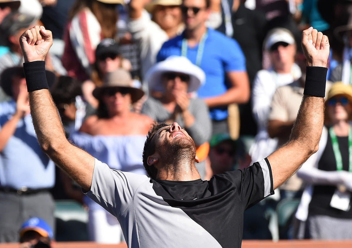 Argentine Juan Martin Del Potro celebrates after defeating Roger Federer (not in picture) in the men's finals in the BNP Paribas Open at the Indian Wells Tennis Garden. USA TODAY