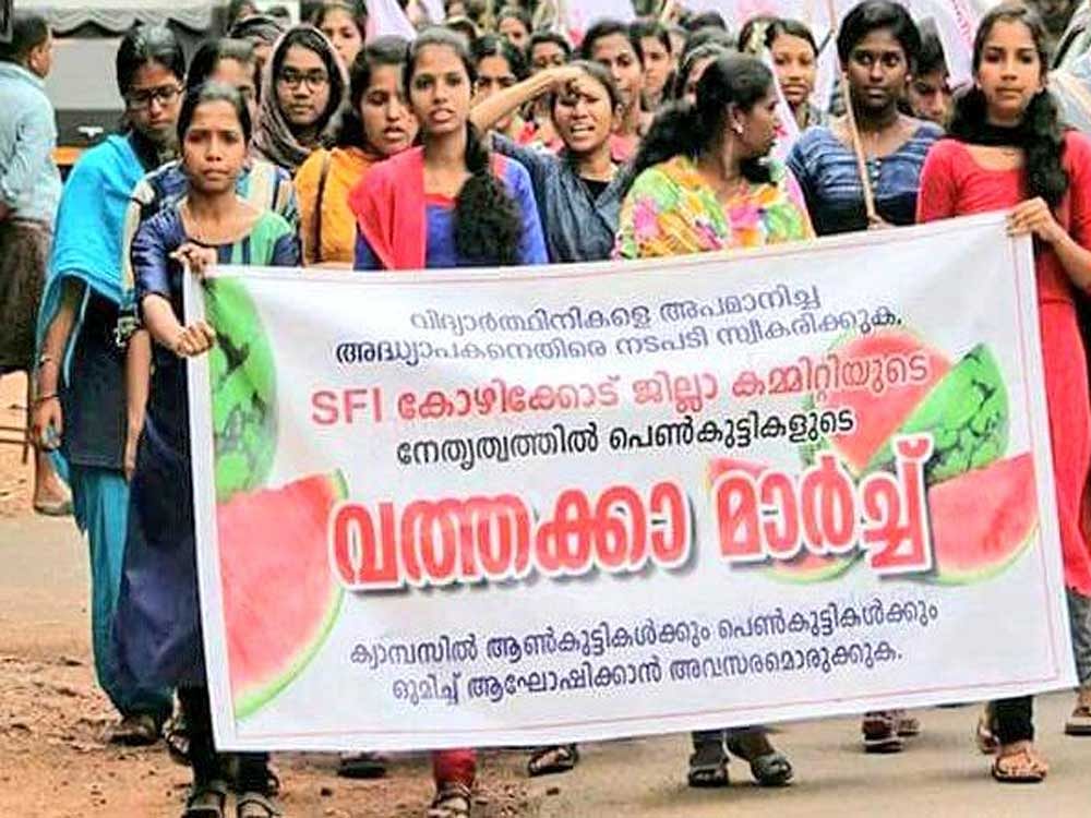 On Monday, students affiliated to different political parties organised protests near the college. Women's groups have demanded action against the assistant professor. Image courtesy Twitter