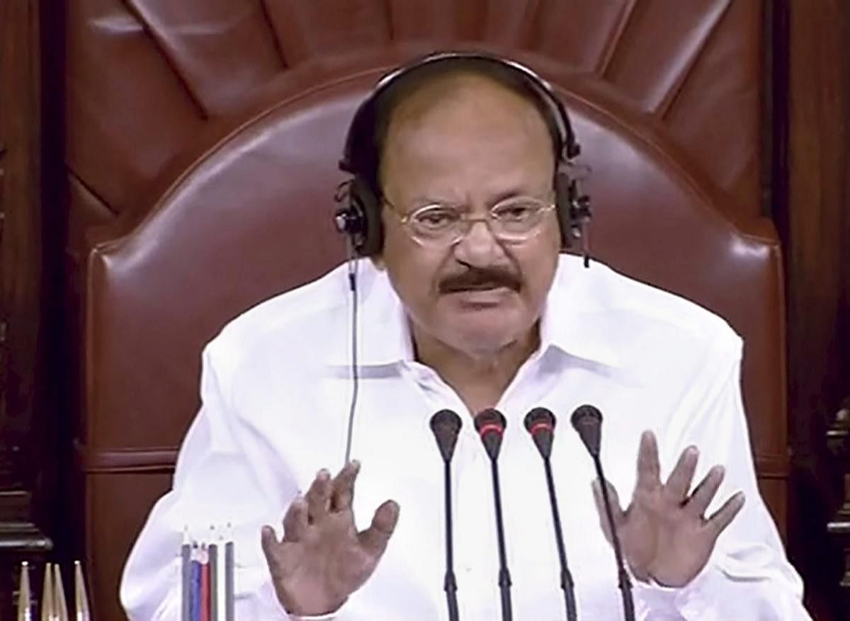 Chairman M Venkaiah Naidu adjourned the House barely four minutes after the start of proceedings, as members of opposition parties staged protests in the Well. PTI Photo