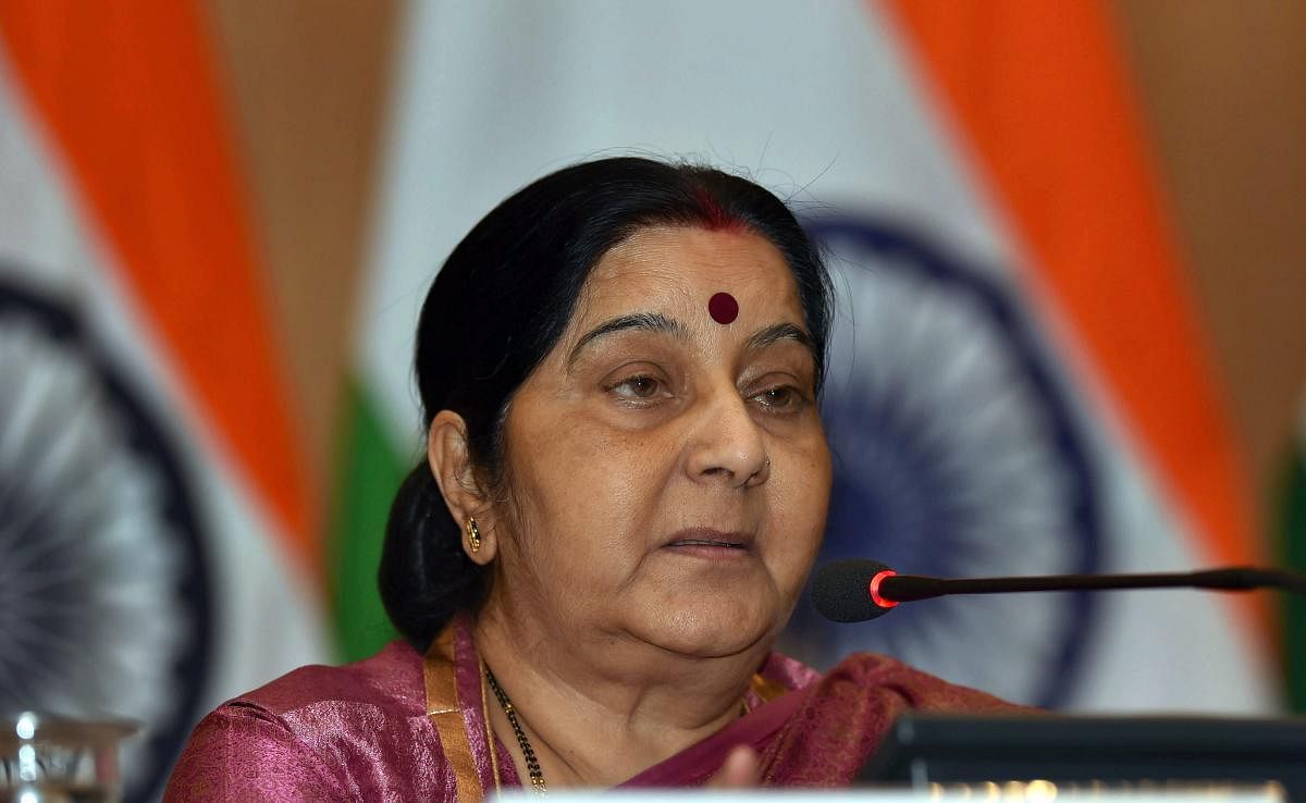 External Affairs Minister Sushma Swaraj addresses a press conference over the death of 39 Indians who were kidnapped in Iraq, in New Delhi on Tuesday. PTI Photo.