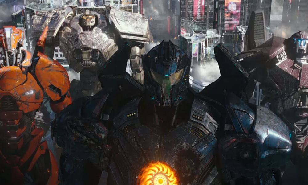 Gipsy, Saber, Guardian and Bracer look in horror at the Mega Kaiju. Photo: Legendary/IMAX/YouTube.