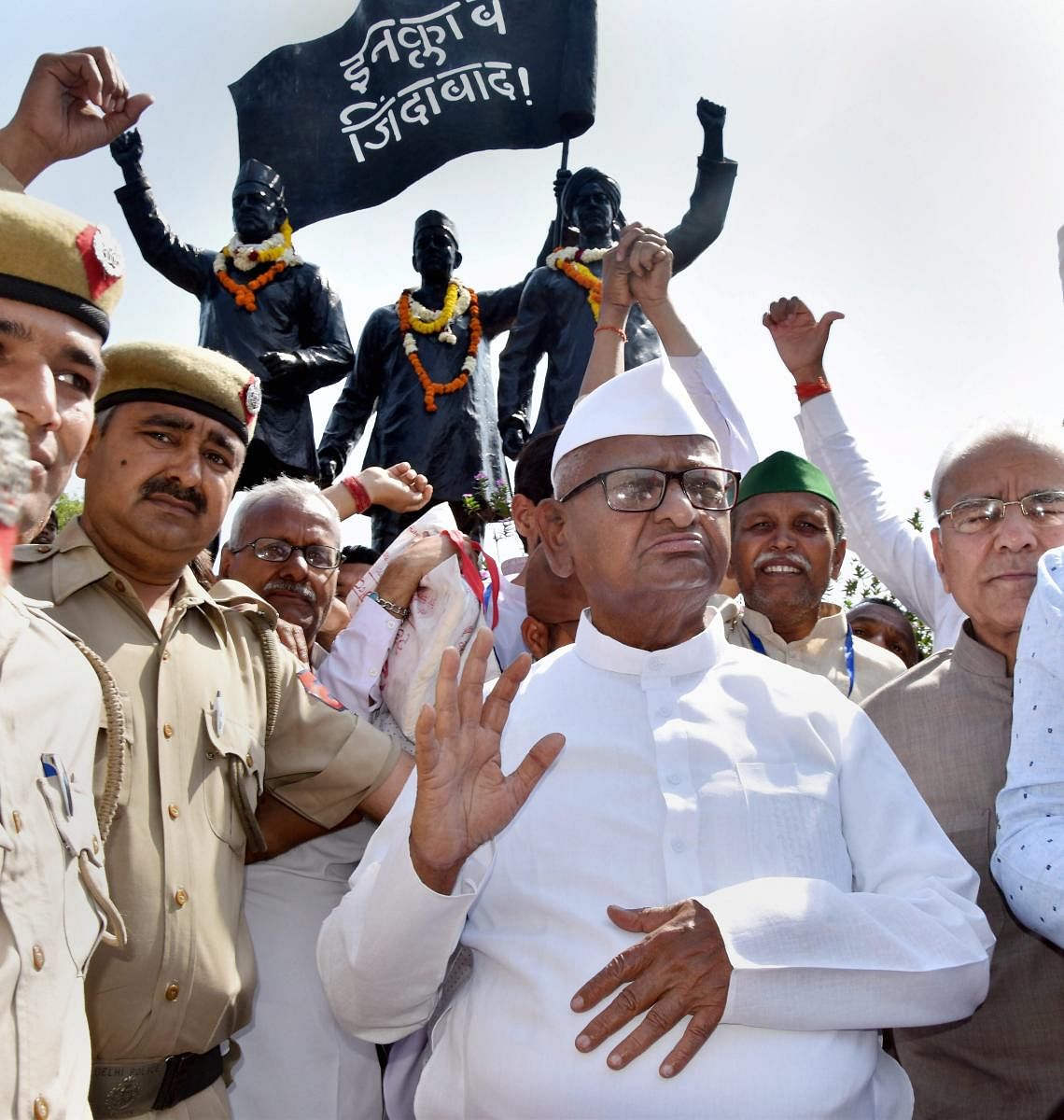 Activist Anna Hazare at Shaheedi Park after paying tribute to Bhagat Singh, Sukhdev and Rajguru on Martyrs' Day in New Delhi on Friday. PTI