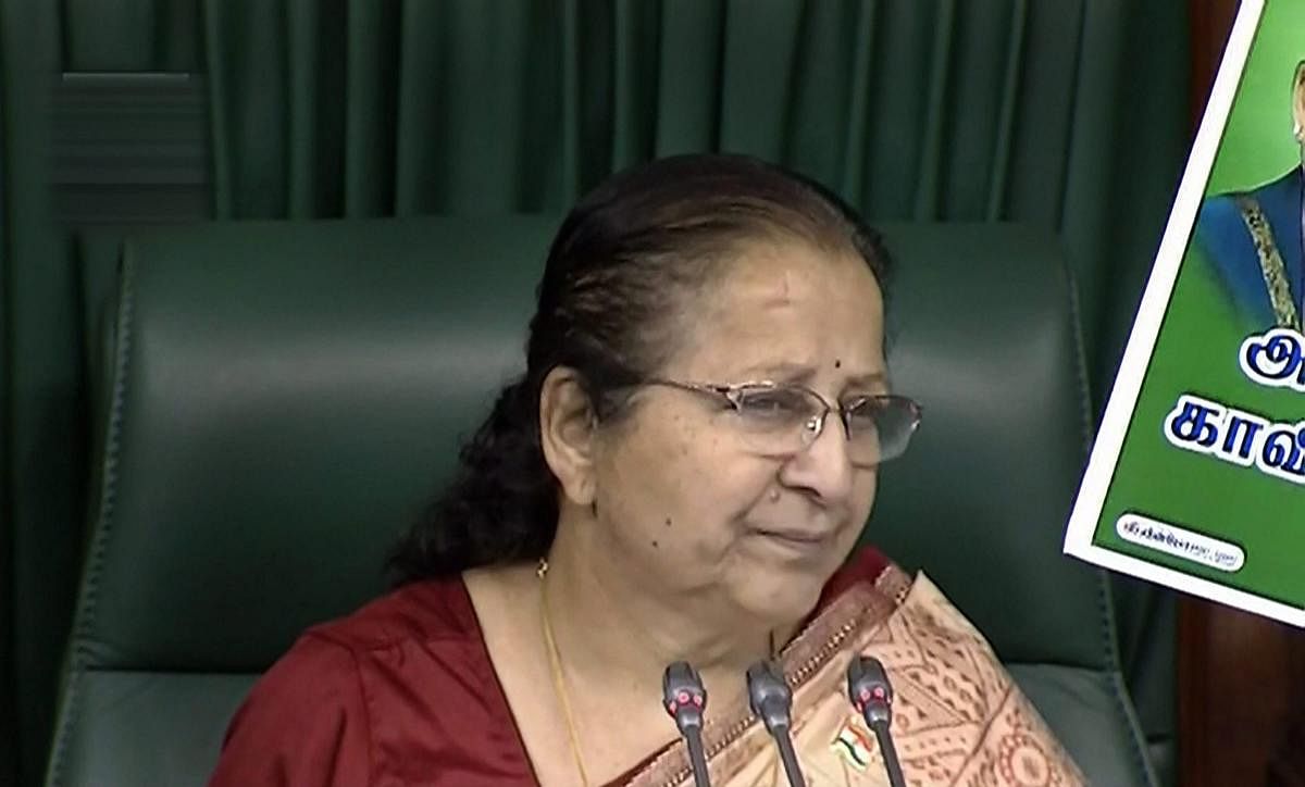 Lok Sabha Speaker Sumitra Mahajan in the Lok Sabha during the second phase of the budget session, in New Delhi on Tuesday .PTI Photo / TV GRAB