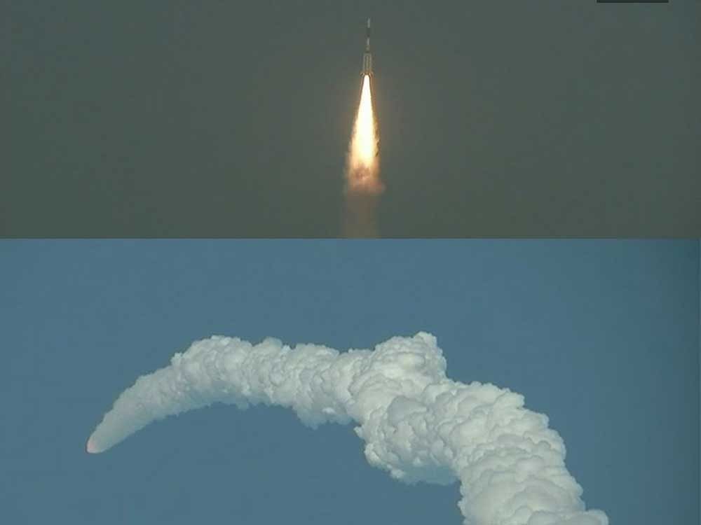 The satellite, weighing 415.6 ton and measuring 49.1-metre-tall, blasted off from the second launch pad at the Sathish Dhawan Space Centre here, 110 km from Chennai, at 4.56 pm, as scientists erupted in cheer. ANI photos.