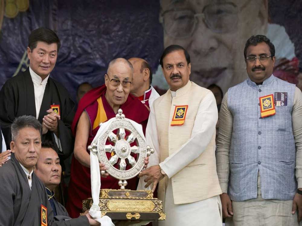 With Sharma and Madhav sharing podium with Dalai Lama, New Delhi apparently sought to scotch the speculation and signalled that while India was keen to have better ties with China, it had not yet budged from its stand on Tibet. Image: Twitter