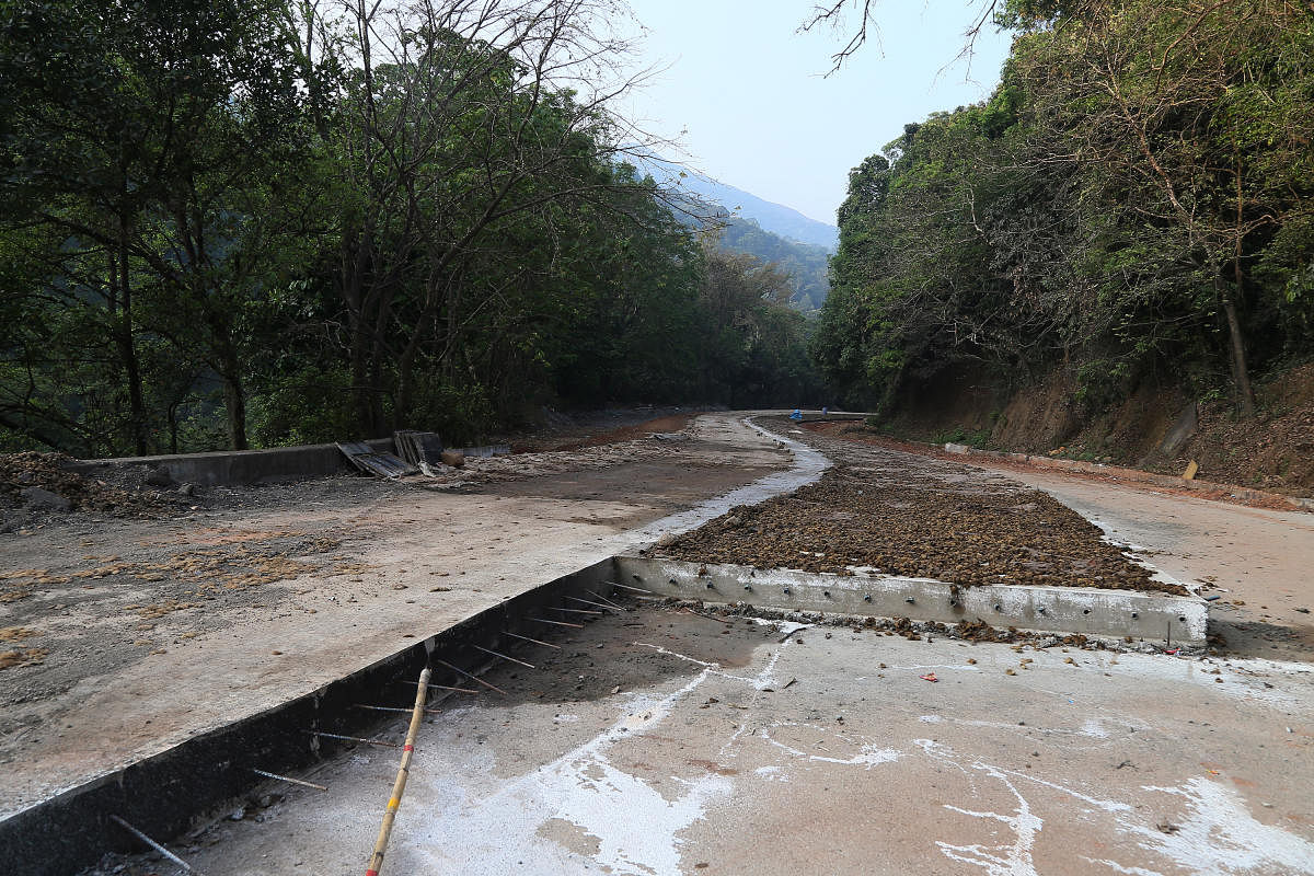 Concretisation works under progress at Shiradi Ghat, Sakleshpur taluk, recently.