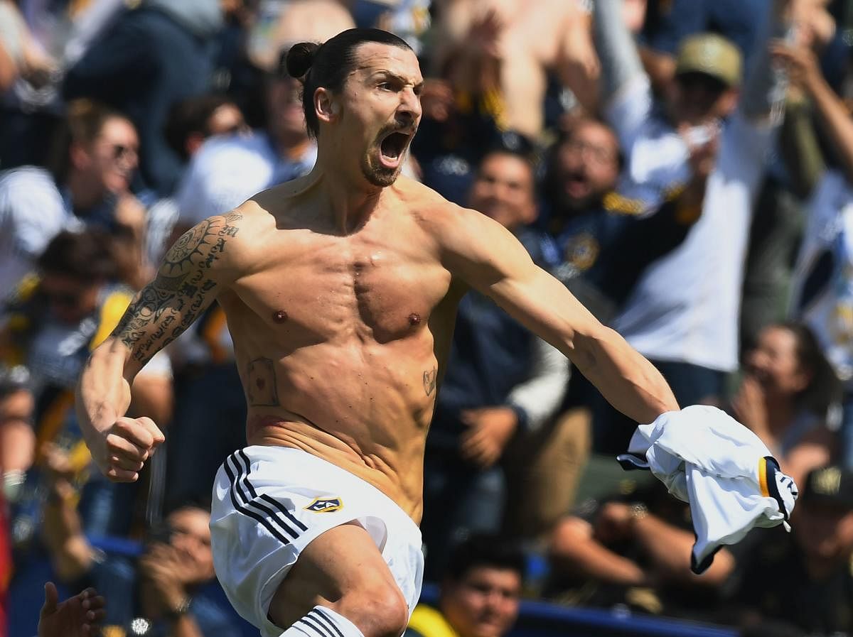 Instant impact: LA Galaxy's Zlatan Ibrahimovic celebrates after scoring against LAFC on Saturday. AFP
