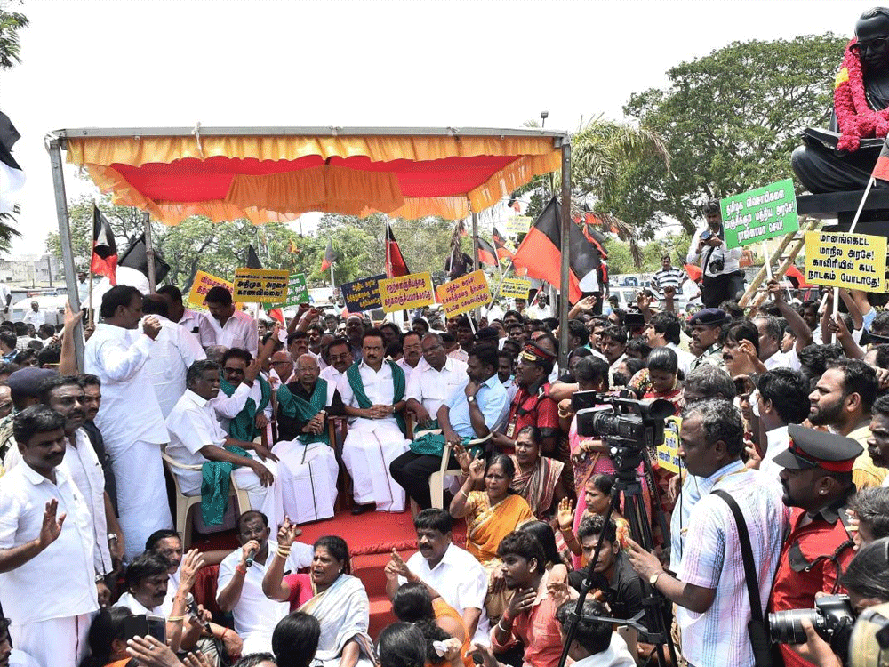 DMK Working President M K Stalin and leaders of various opposition at a protest against the Central government government for not setting up the Cauvery Management Board (CMB) at Valluvar Kottam in Chennai on Sunday. PTI Photo