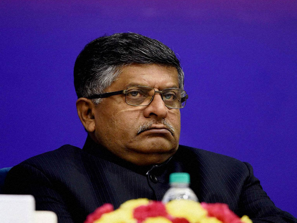 In picture: Union Information Technology Minister Ravishankar Prasad. Prasad on Sunday charged that the Congress had forfeited the trust of the people of the state. PTI file photo.