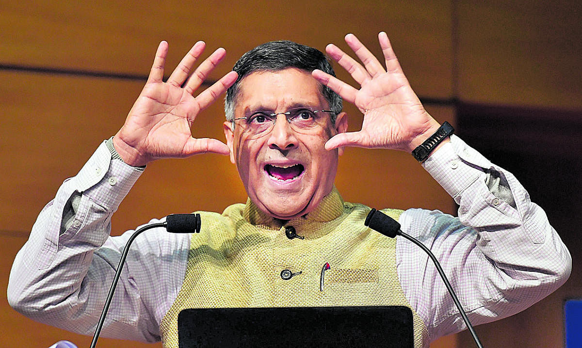 New Delhi: Chief Economic Adviser Arvind Subramanian gestures as he addresses the media after annual Economic Survey 2017-18 was tabled in Parliament in New Delhi on Monday. PTI Photo by Kamal Kishore (PTI1_29_2018_000131B)