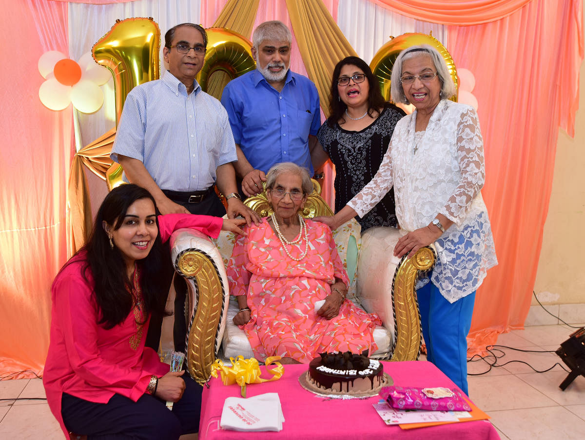 Gloria Lobo seen with her mother Gladys D'Souza during the latter's 100th birthday celebrations in Bolar.