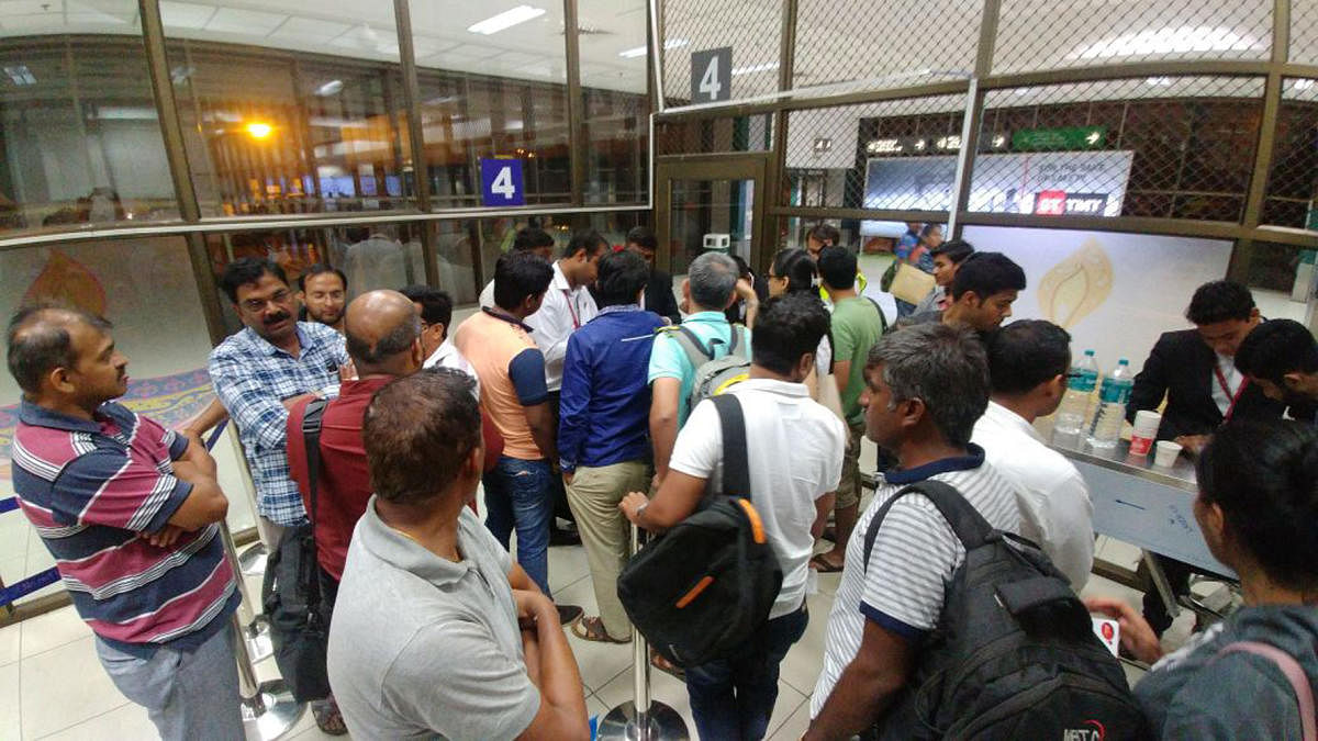 Angry passengers at the Ahmedabad airport after the three-hour delay