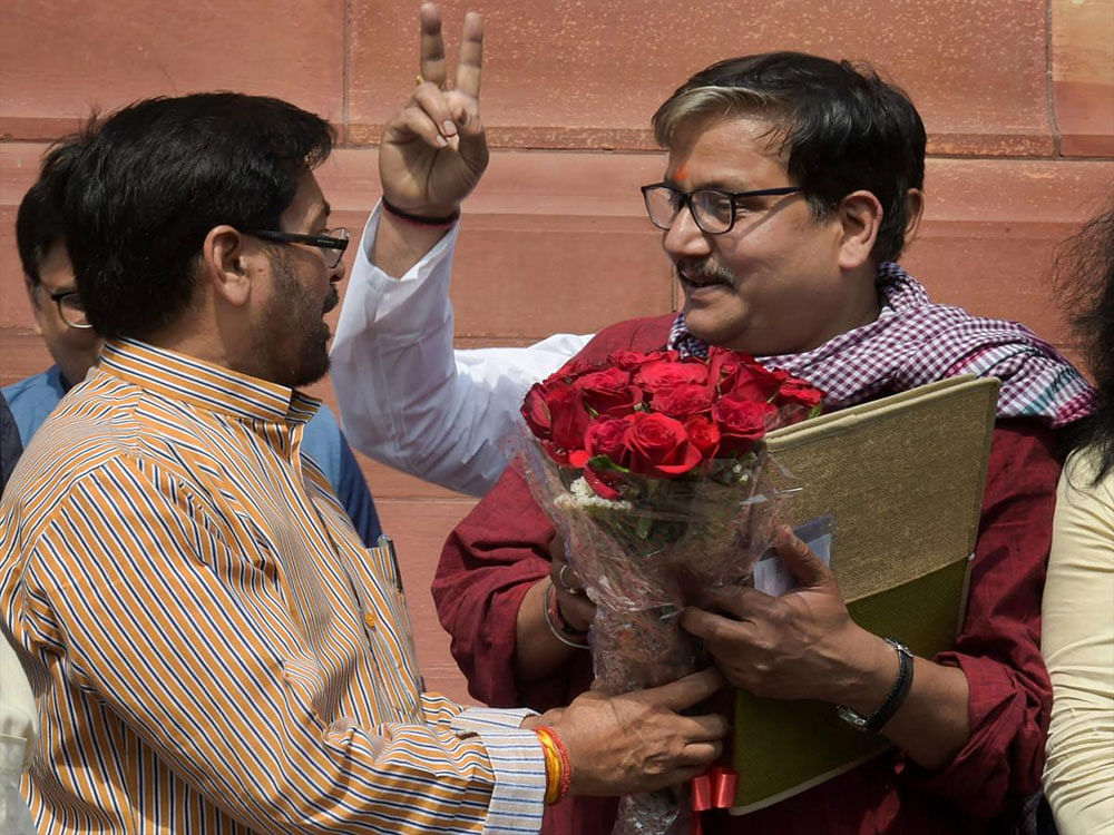 Newly elected Rajya Sabha MP Manoj Jha of RJD before taking oath at Parliamant in New Delhi on Tuesday, during the ongoing budget session. PTI Photo