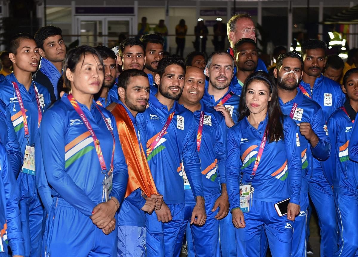 Indian contingent with officials during the country's flag-hoisting ceremony of the Commonwealth Games 2018 at Gold Coast in Australia on Monday. PTI Photo