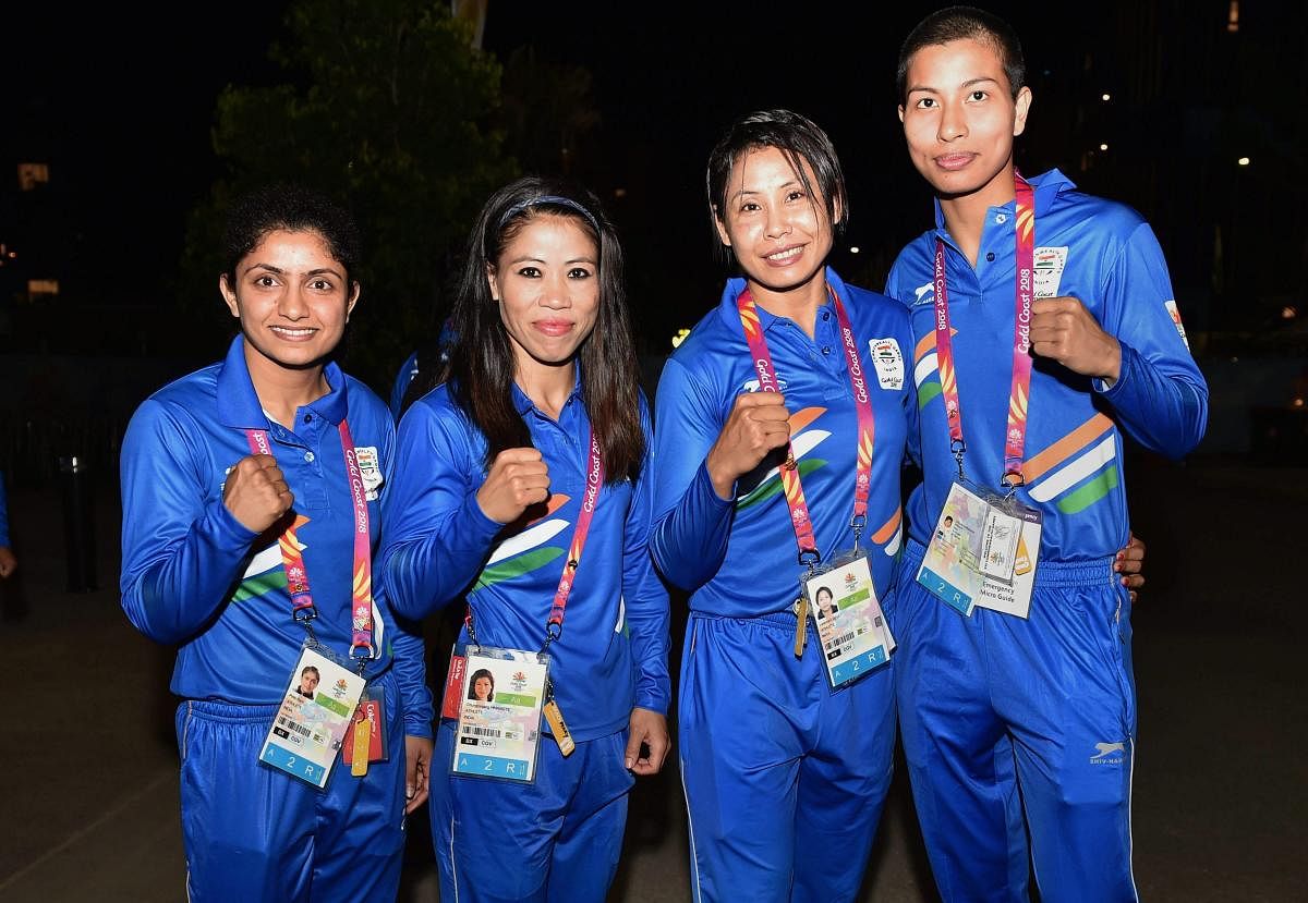 Indian women's boxing contingent (from left) Pinki Rani Jangra, Mary Kom, Sarita Devi Laishram and Lovlina Borgohain at Gold Coast in Australia. PTI