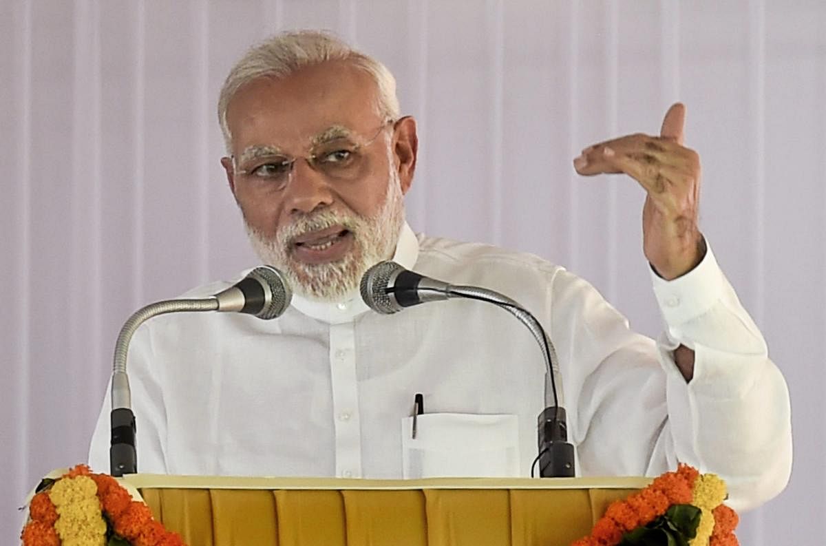 New Delhi: Prime Minister Narendra Modi addresses a gathering after the inauguration of Western Court Annexe Building in New Delhi on Wednesday. PTI Photo by Kamal Singh(PTI4_4_2018_000073A)