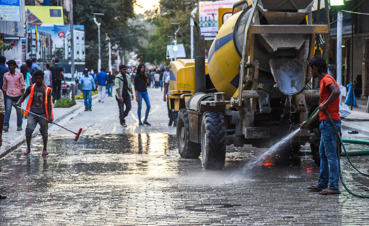 The BBMP will wash Church Street once a week to remove soot that collects on cobble stones. DH PHOTO