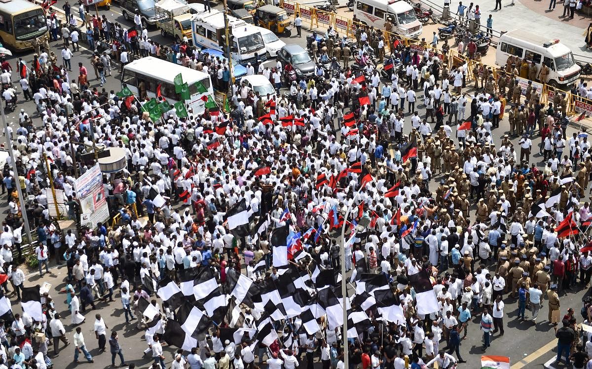 Leaders of various Opposition parties during a road roko protest in Chennai on Thursday. The DMK observed a statewide shutdown to protest against the BJP-led Centre's failure to set up the Cauvery Management Board (CMB) despite a Supreme Court order. PTI