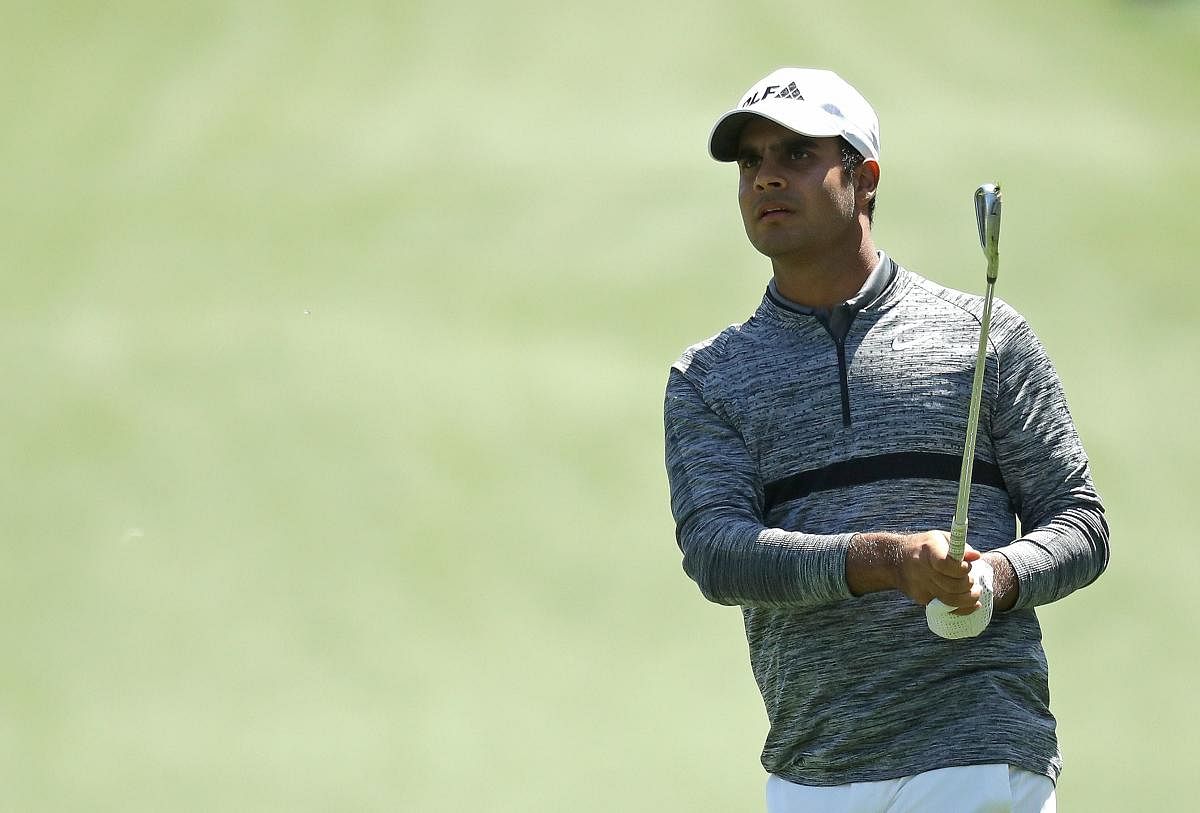 THERE SHE GOES! Shubhankar Sharma watches his shot during the opening round of the Augusta Masters on Thursday. AFP