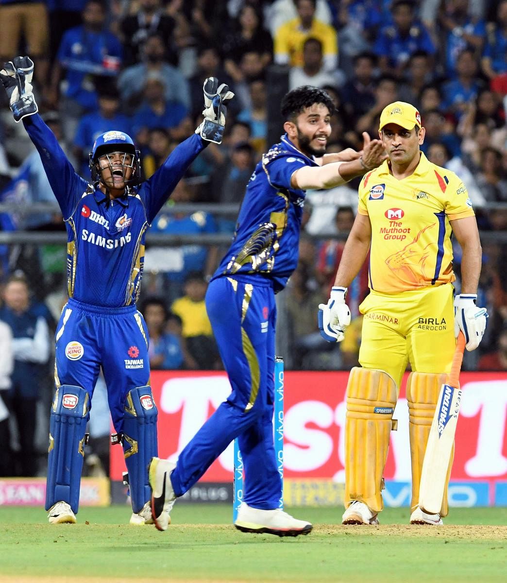 BRIGHT START Mumbai Indians' bowler Mayank Markande appeals successfully for an LBW verdict against Chennai Super Kings' skipper MS Dhoni on Saturday. PTI