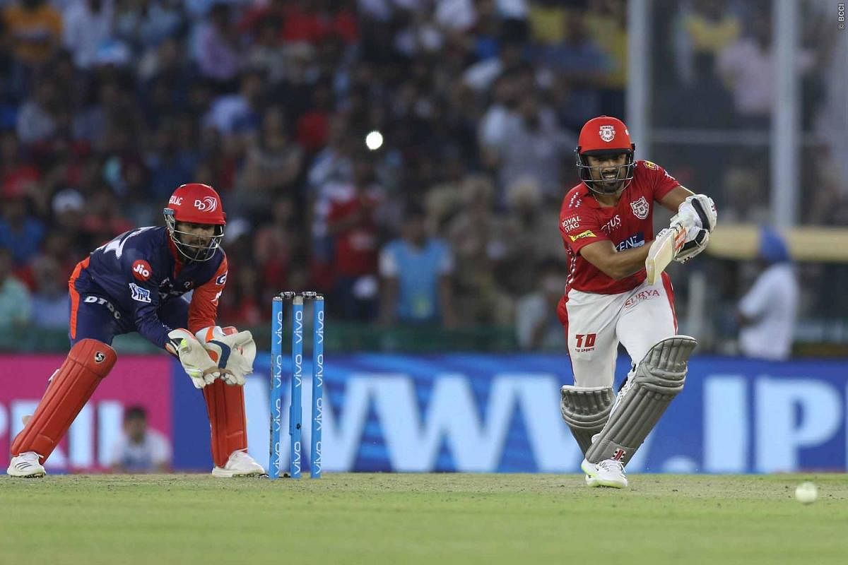 FINE START Kings XI Punjab's Karun Nair drives one to the fence en route his 50 against Delhi Daredevils in Mohali on Sunday. IPL Media