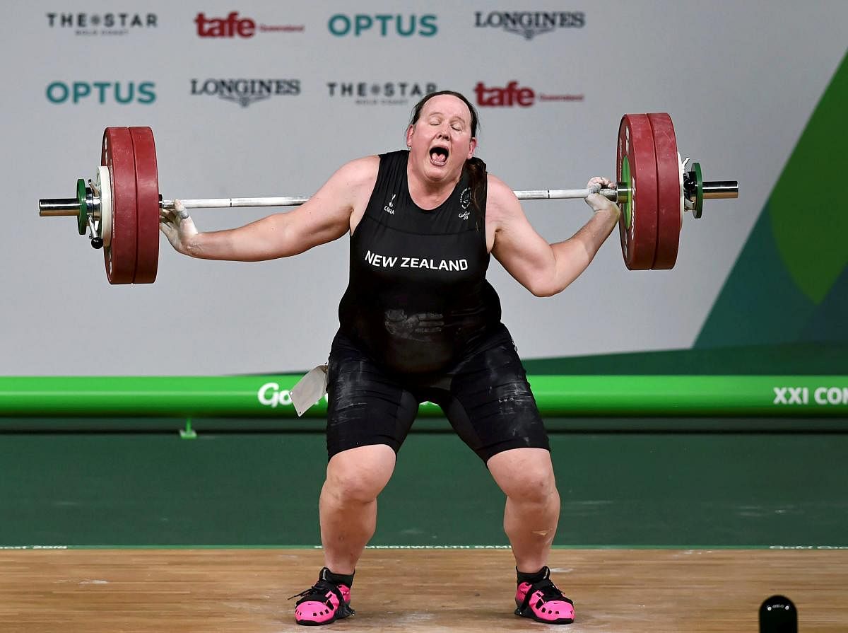 New Zealand transgender weightlifter Laurel Hubbard reacts after an unsuccessful lift in the women's +90kg category on Monday. PTI