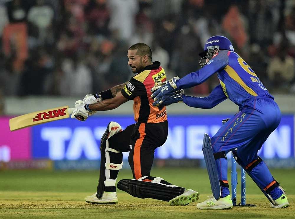 Shikhar Dhawan plays a shot against Rajasthan Royals during an IPL 2018 cricket match at Rajiv Gandhi International Stadium in Hyderabad. PTI Photo