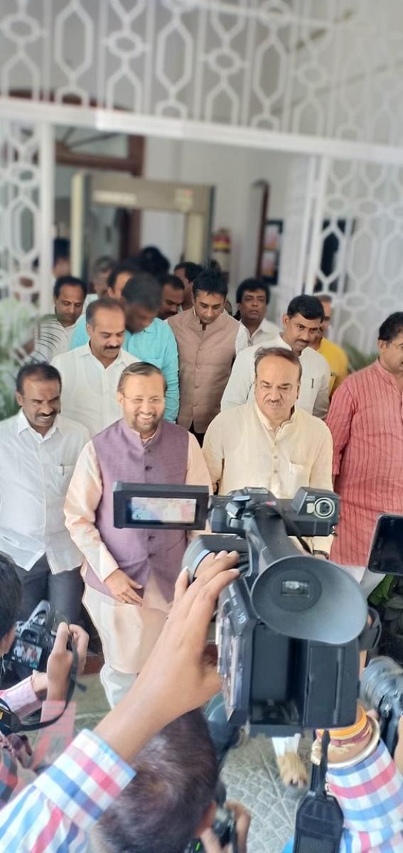 A delegation led by Union minister Prakash Javadekar, the BJP's in-charge for Karnataka polls,  comprising Minister of Chemicals and Fertilisers Ananth Kumar, P Muralidhar Rao, party's in charge of Karnataka affairs, former deputy chief minister R Ashoka and MP P C Mohan speak to media after filing a complaint with Election Commission of India.