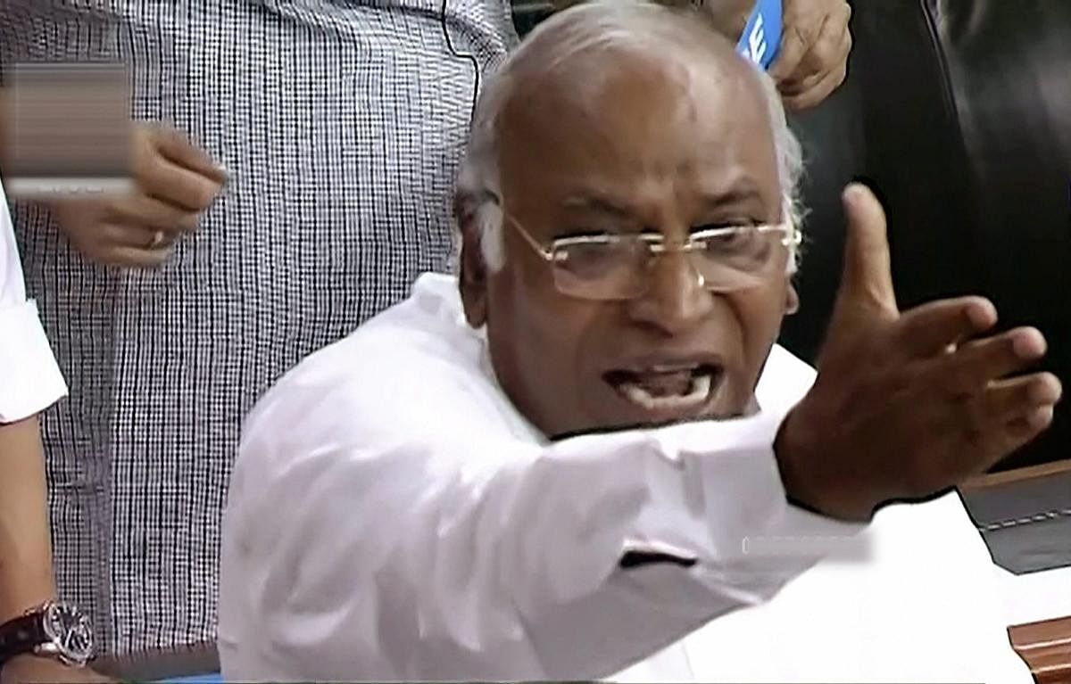 Mallikarjun Kharge speaks in the Lok Sabha during the budget session of Parliament in New Delhi. PTI