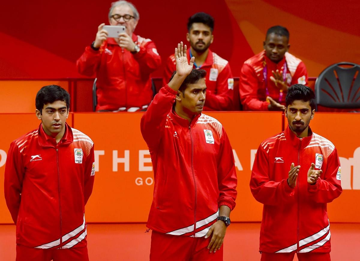 India's Sharath Kamal, Sathiyan Gnanasekaran and Harmeet Desai before the Men's Table Tennis semi-finals match during the Commonwealth Games 2018 in Gold Coast, on Monday.