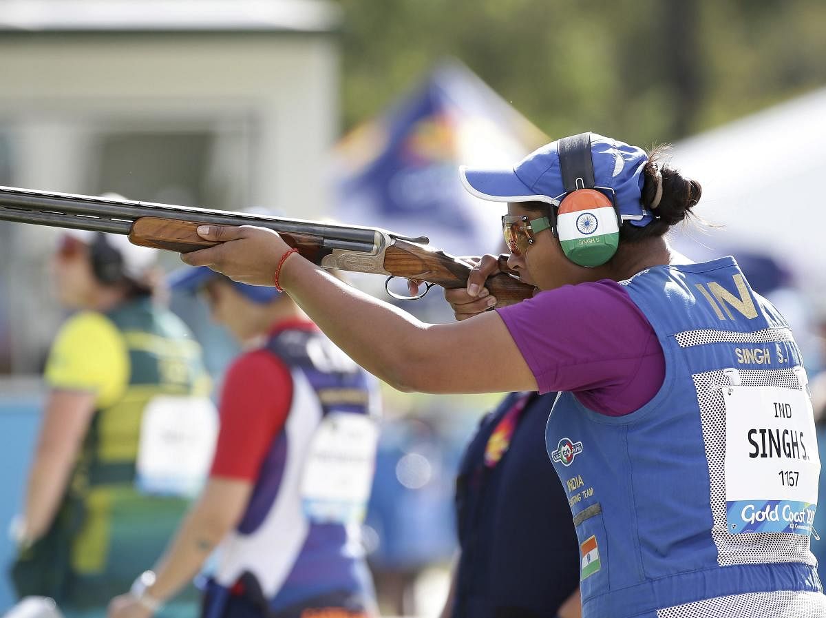 Shreyasi Singh of India shoots during the women's Double Trap final at the Belmont Shooting Centre during the 2018 Commonwealth Games in Brisbane, Australia, Wednesday, April 11, 2018.