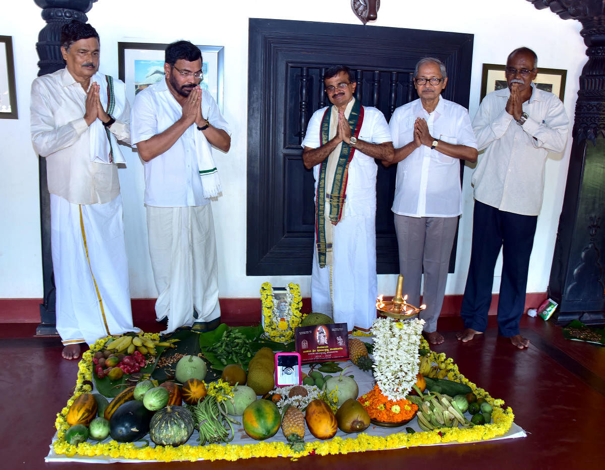 Bisu Kani, an arrangement of fruits, vegetables inside Guttina Mane (a traditional house), made at the Dr Shivaram Karanth Pilikula Nisargadhama during Bisu Parba celebrations, on Saturday.