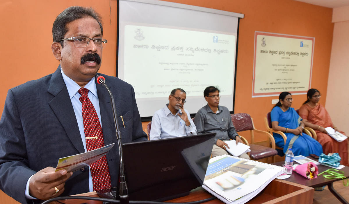 University of Mysore Vice Chancellor Prof. C Basavaraju speaking at the seminar on 'School Education is a Teacher in the Current Context', jointly organised by Azim Premji University and Department of Education Studies at Science Bhavan in Mysuru on Monda