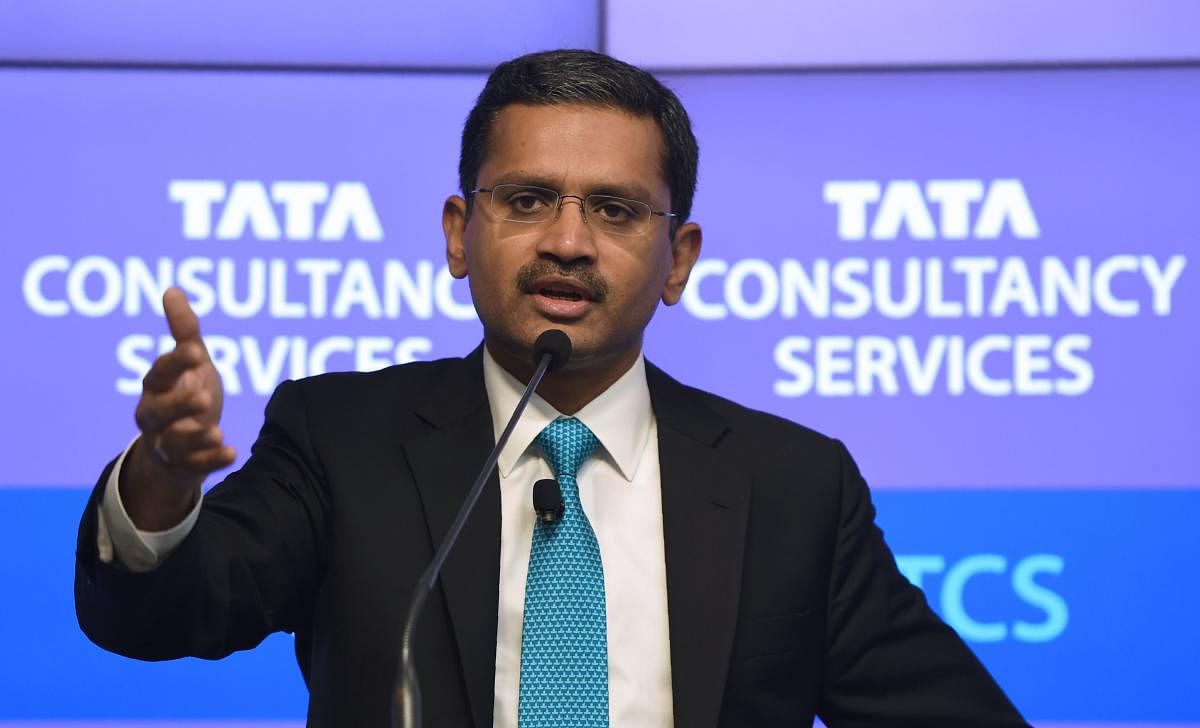 Tata Consultancy Services (TCS) CEO and Managing Director Rajesh Gopinathan speaks during a news conference after the announcement of the financial results of the company in Mumbai on Thursday. 