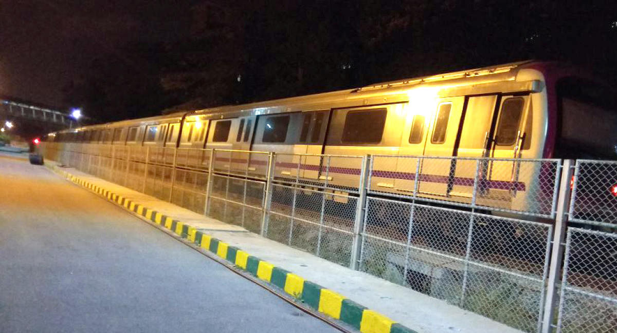 The six-car Metro train undergoing trials at Baiyappanahalli