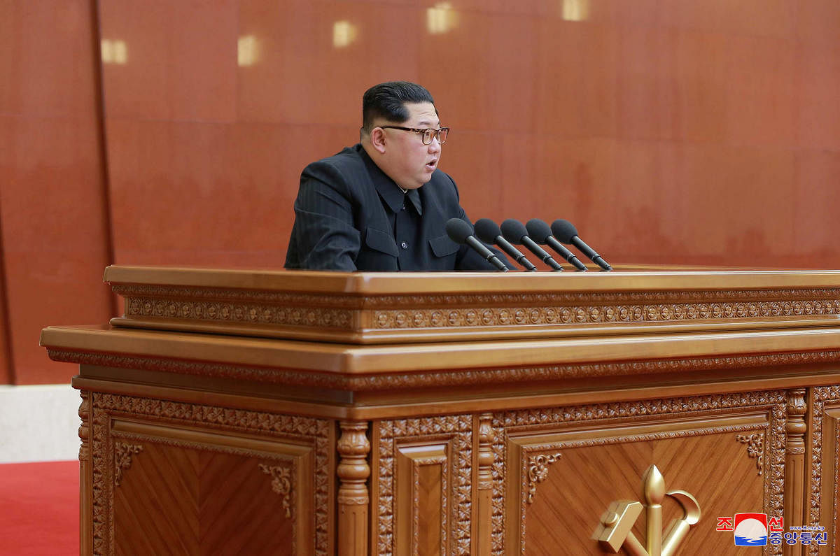 North Korean leader Kim Jong Un speaks during the Third Plenary Meeting of the Seventh Central Committee of the Workers' Party of Korea (WPK), in this photo released by North Korea's Korean Central News Agency (KCNA) in Pyongyang on April 20, 2018. Reuters.
